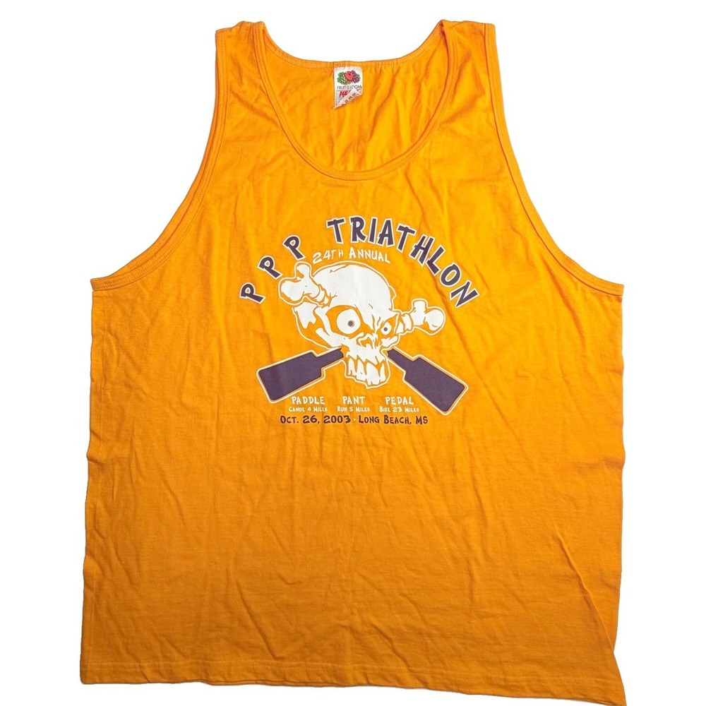 Vintage 2003 PPP Triathlon Tank Top XL Long Beach MS Skull Graphic Orange